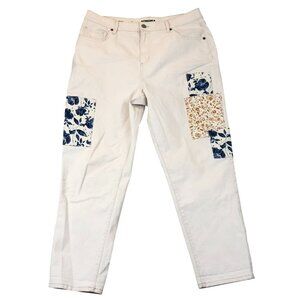 Sonoma Womens Boyfriend Jeans Size 16 Cream Floral Patches Straight Casual Y2K